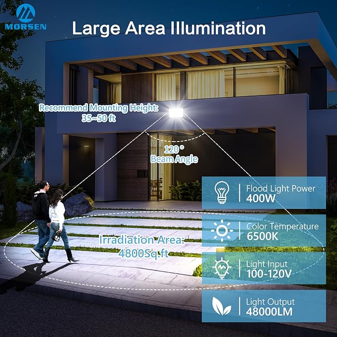 MORSEN 400W Flood Lights Outdoor, 48000lm Bright LED Work Light with Plug, 6500K Daylight White LED Flood Lighting, IP66 Waterproof Security Yard Lights for Yard Garage Stadium 2 Pack