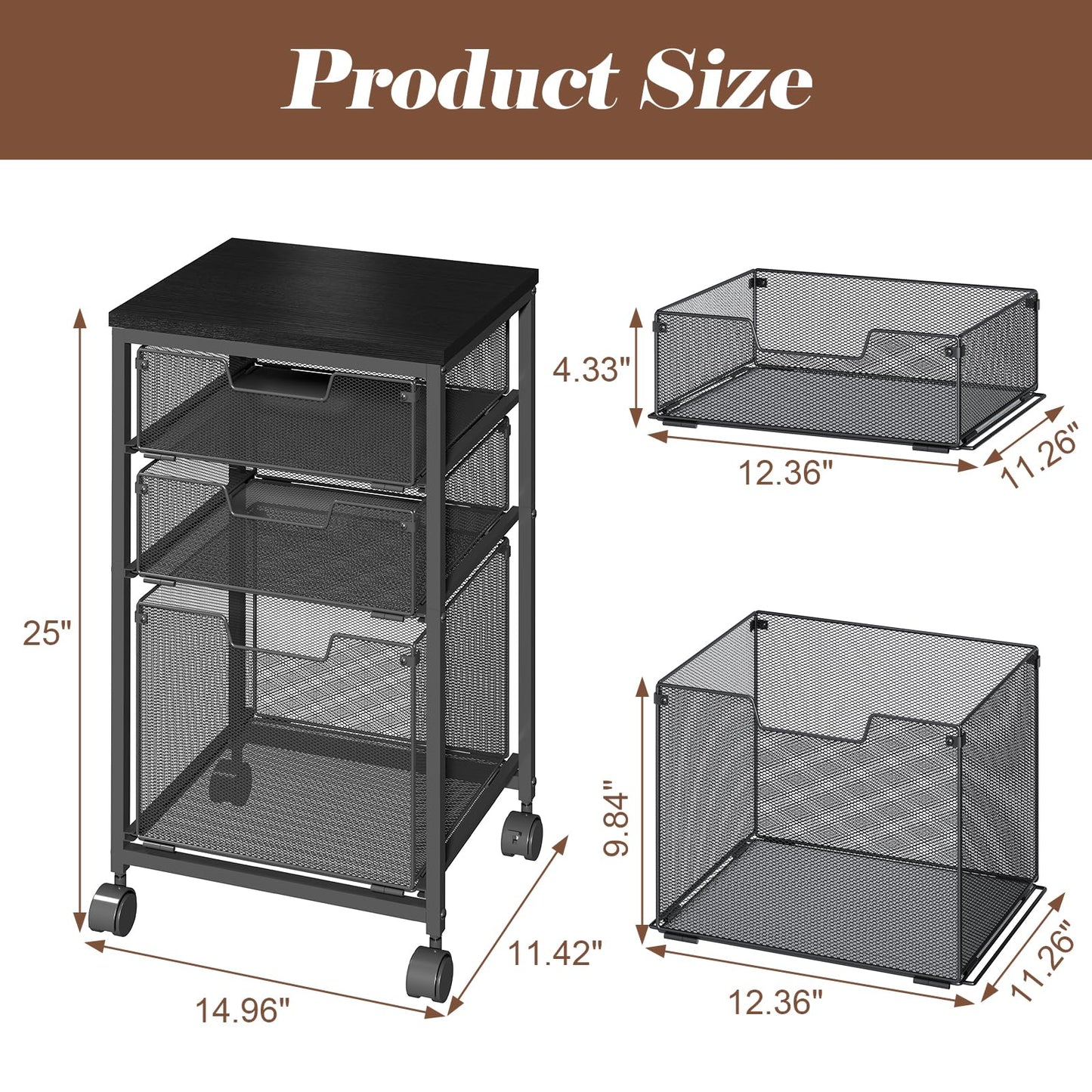 Sbanmao Rolling File Cart with 3 Drawers, Filing Cabinet, Hanging Folder Holder Organizer with Wheels, Under Desk Storage Utility Cart, File Cabinet Printer Stand for Home Office, Black