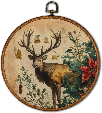 KSDUT Vintage Deer Wall Decor Art - Retro Christmas Wall Art Canvas Frame Hanging Prints, Xmas Holiday Elk Round Wall Art Decor for Farmhouse Home Decorations 10"x10"