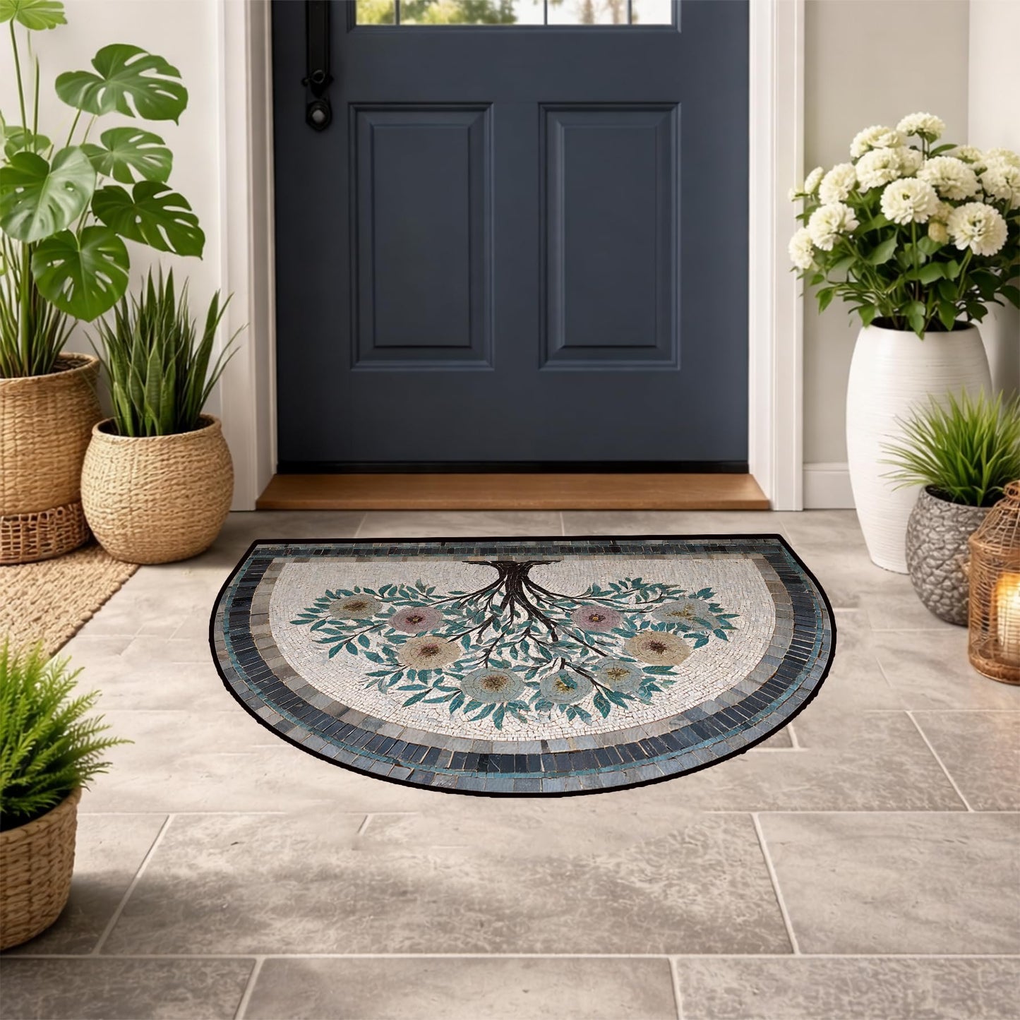 NYZE Semi Circle Door Mat Half Round Welcome Mat Non Slip Low-Pile Absorbent Half Circle Entryway Rug for Bathroom Bedroom Laundry Room(Blossom Tree, 24"×36")