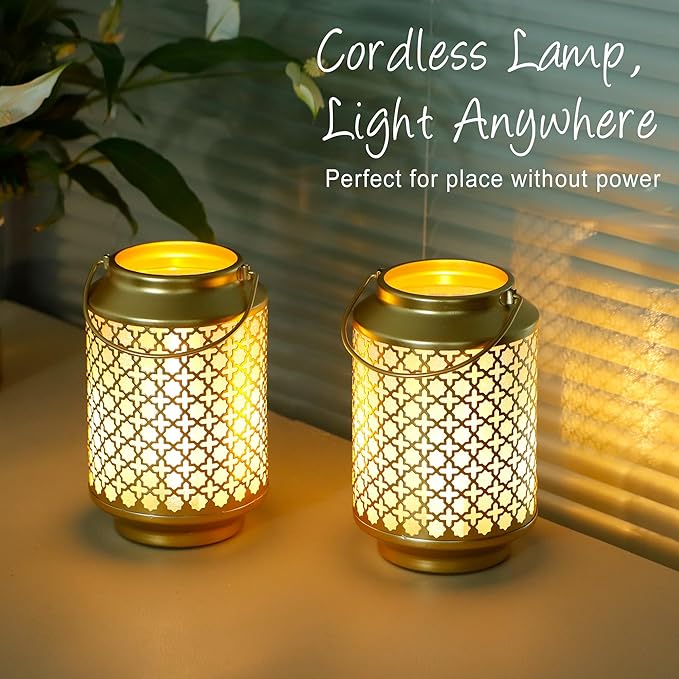 TRIROCKS Set of 2 Battery Operated Lamp 7.5'' High Cordless Decorative Lamp Metal Table Lamps with LED Bulb for Home Living Room Weddings Parties Patio Events Outdoors Indoors Shelf (Gold)