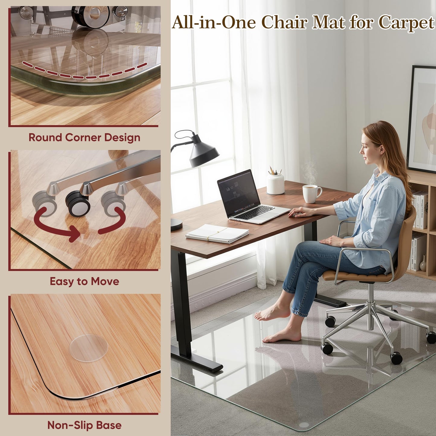 Homsion Tempered Glass Chair Mat for Hardwood Floor & Low Pile Carpet, 36" x 48" Heavy Duty Office Chair Mat with Non-Slip Pads, Scratch Resistant Floor Protector for Home Office