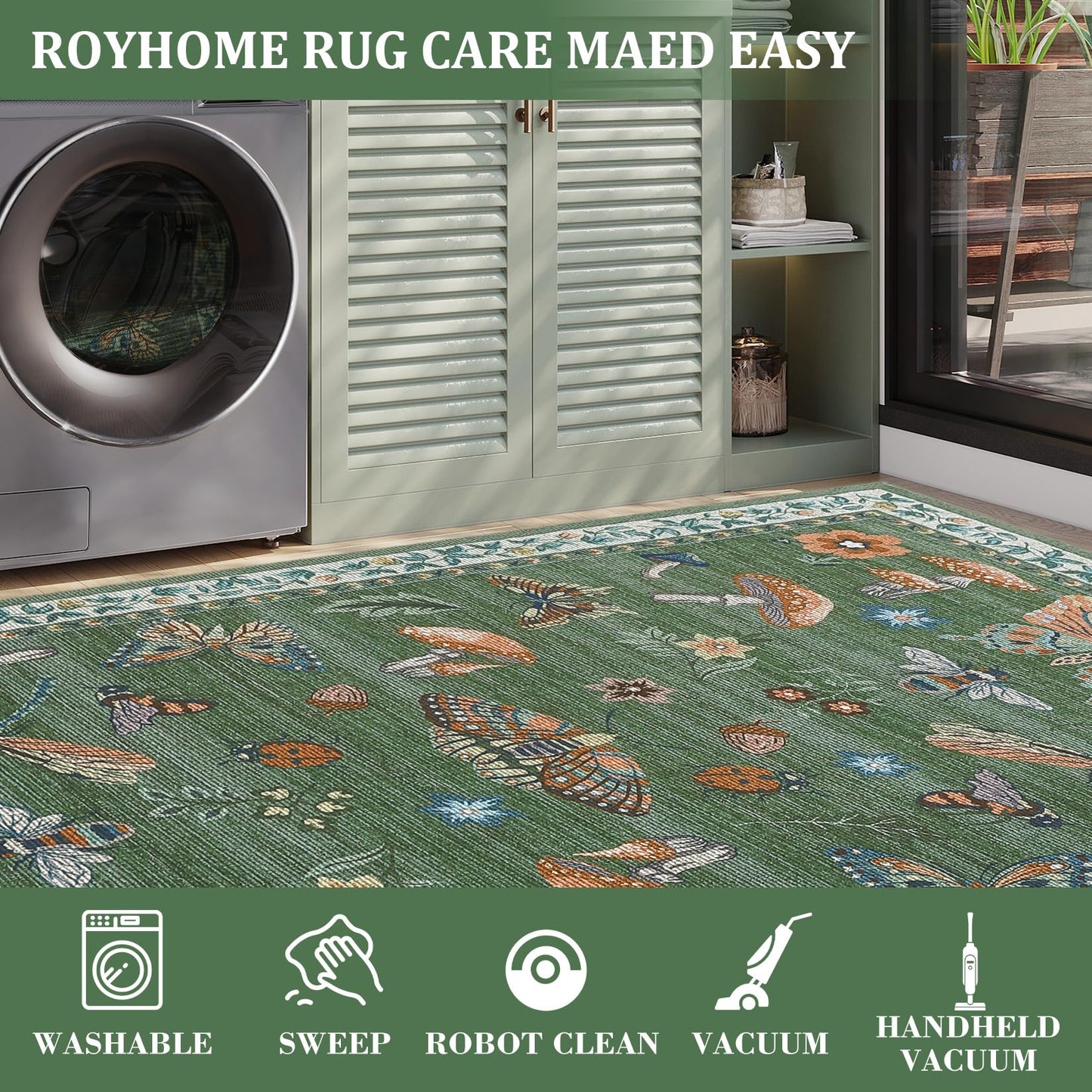 ROYHOME Mushroom Washable Rug 5x7 Area Rugs for Living Room, Insect Print for Bedroom, Non Slip Throw Rugs with Rubber Back, Soft Low Pile Dining Room Carpet for Under Table, Green