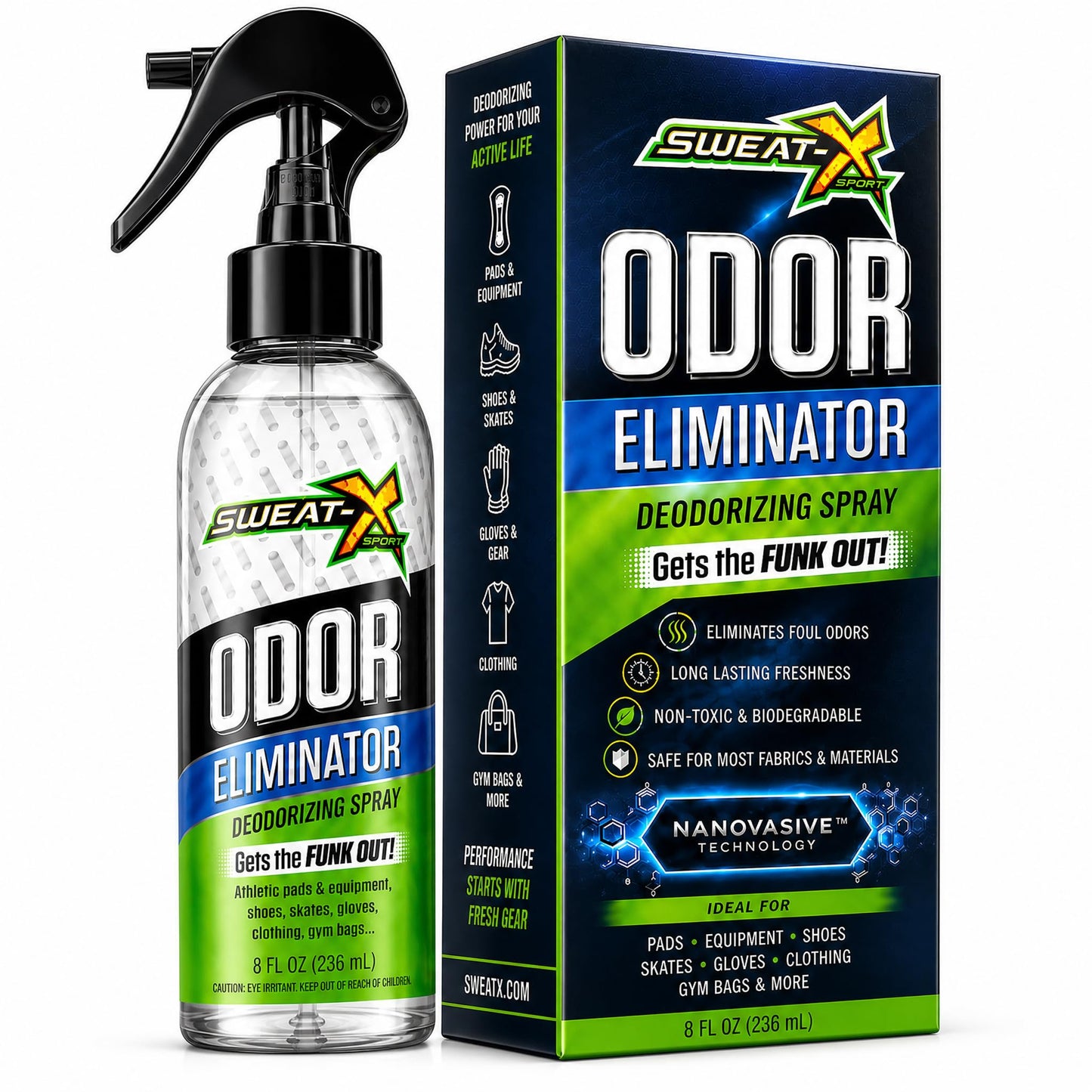 Sweat X Sport Extreme Odor Spray – Multipurpose Deodorizer for Stinky Shoes, Clothes, Sports Equipment & All Fabrics – Concentrated Formula, No Washing Required - Active Fresh Scent – 8 Fl Oz