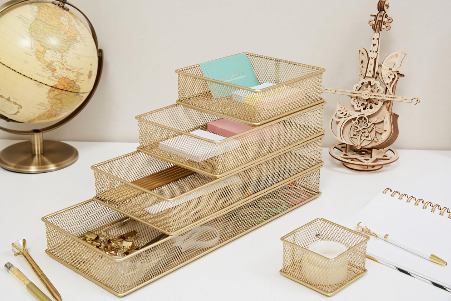 Annova Mesh Stackable Drawer Cabinet and Shelf Organizer Bins Storage Basket School Office Supply Holder Tray- Set of 2 (Gold, 6x9x2 Inch)