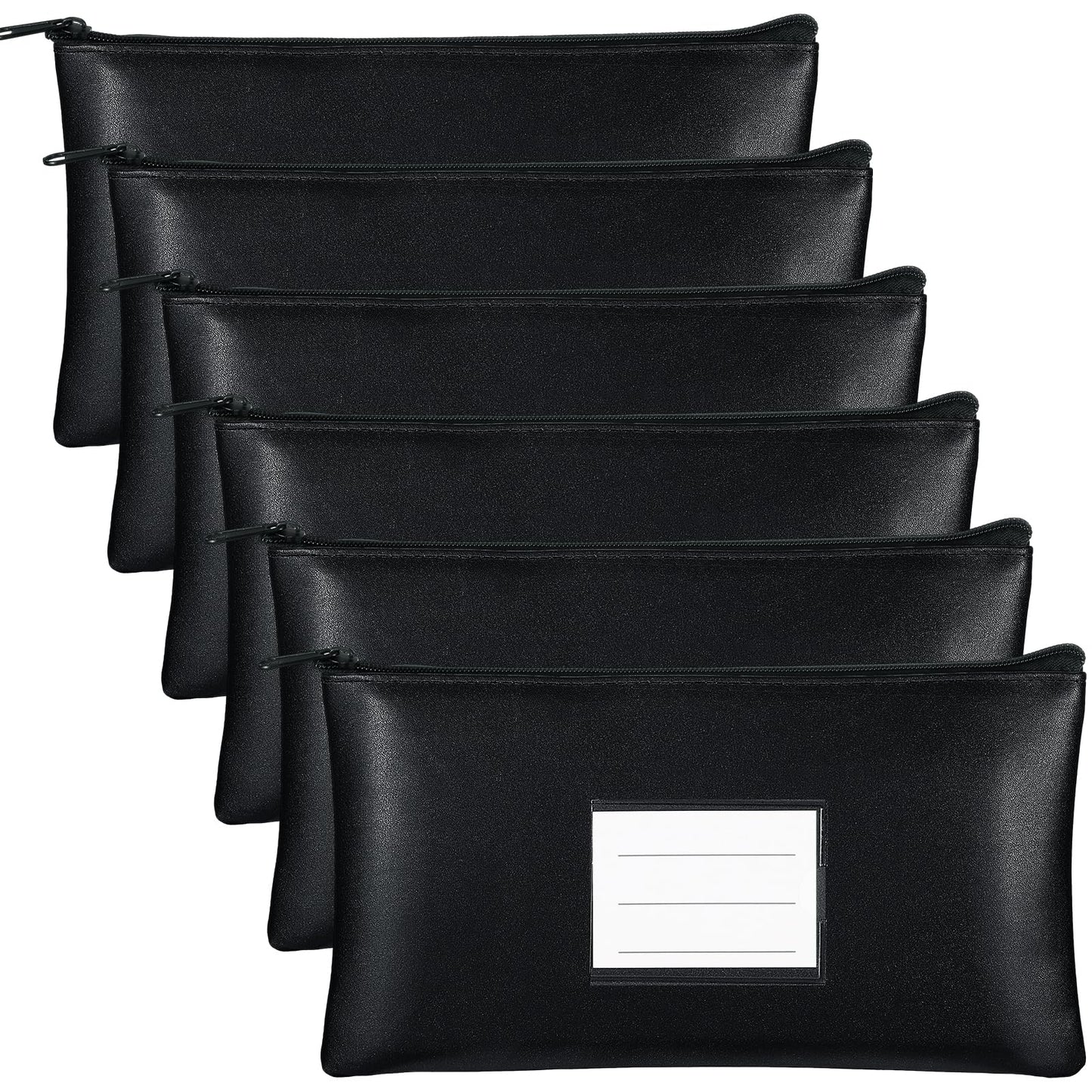 Paterr 6 Pcs Money Bags with Zipper PU Leather Deposit Bank Bag Security Money Pouch Receipt Holder Bank Pouch Wallet with Label for Cash Coin Makeup Cosmetics Bills Tickets, 11 x 6 Inch(Black)