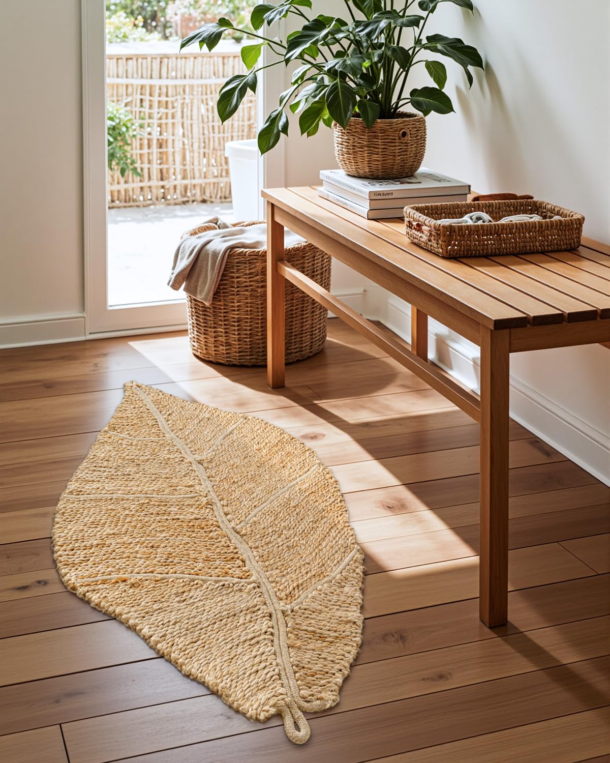 DEXI Jute Door Mat Inside Entryway Braided Woven, 32x20 Front Entrance Doormat Inside Leaf Shaped, Welcome Natural Fiber Entry Mats Farmhouse Home Decor, Beige