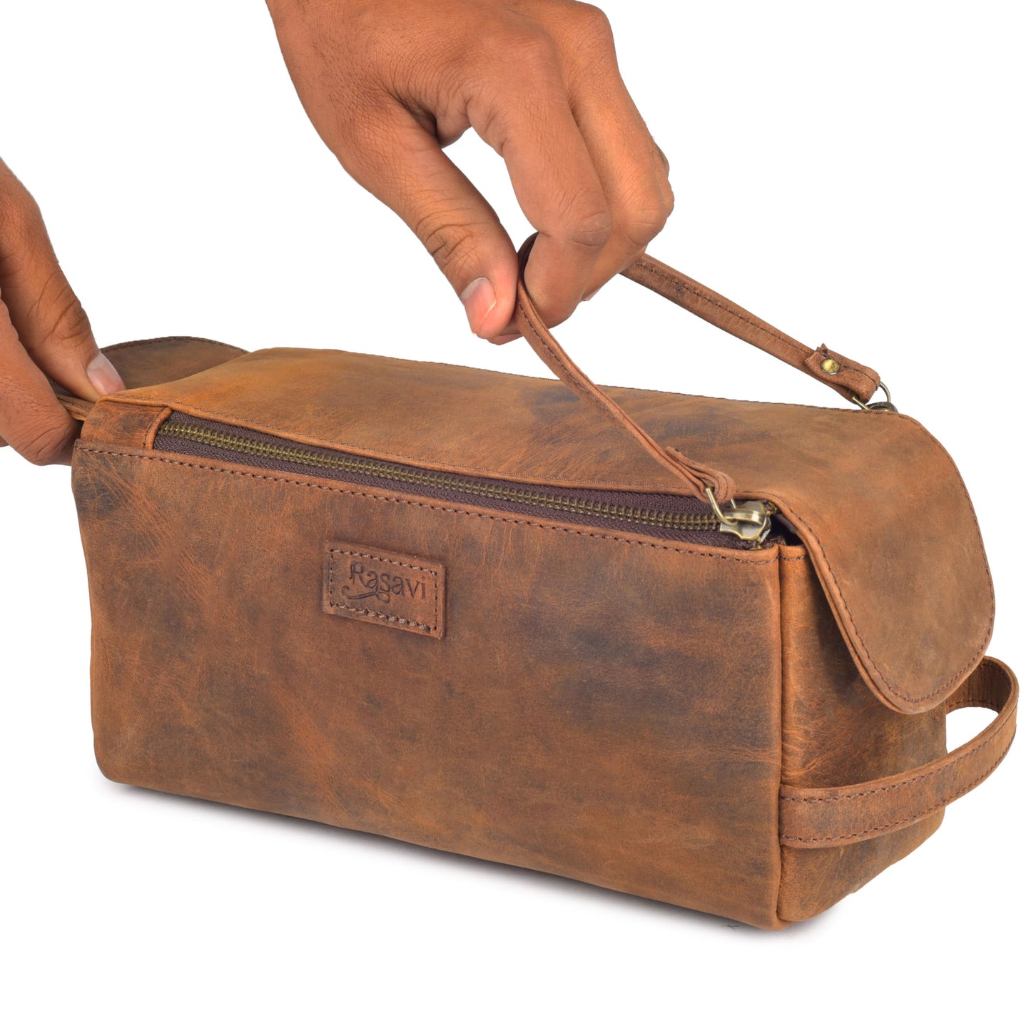Rasavi Genuine Leather Travel Toiletry Bag for Men & Women, Handcrafted Vintage Dopp Kit, Water-Resistant Shaving & Bathroom Essentials Organizer - Distressed Brown
