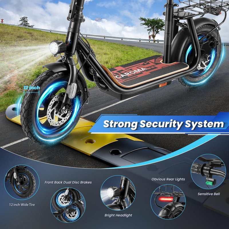 Caroma Peak 1200W Electric Scooter with Seat, 30 Miles Max Range, Electric Scooter Adults, Up to 20MPH Foldable Escooter with Basket,Key Start Adjustable E-Scooter,Classic White