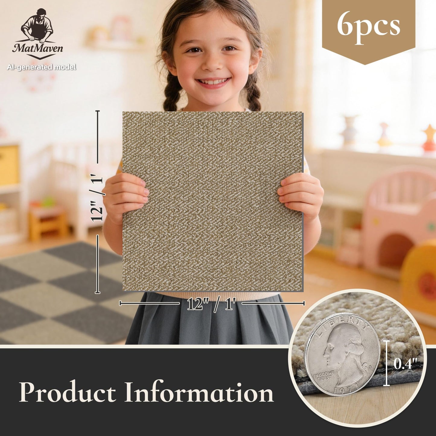 MatMaven Area Rugs for Kitchen,Living Room,6 Pieces 12"x12" Super Absorbent and DIY Square Carpet,Non Slip Machine Washable Rug,Soft Indoor Floor Carpet for Bedroom,Office,Sink,Laundry,Beige