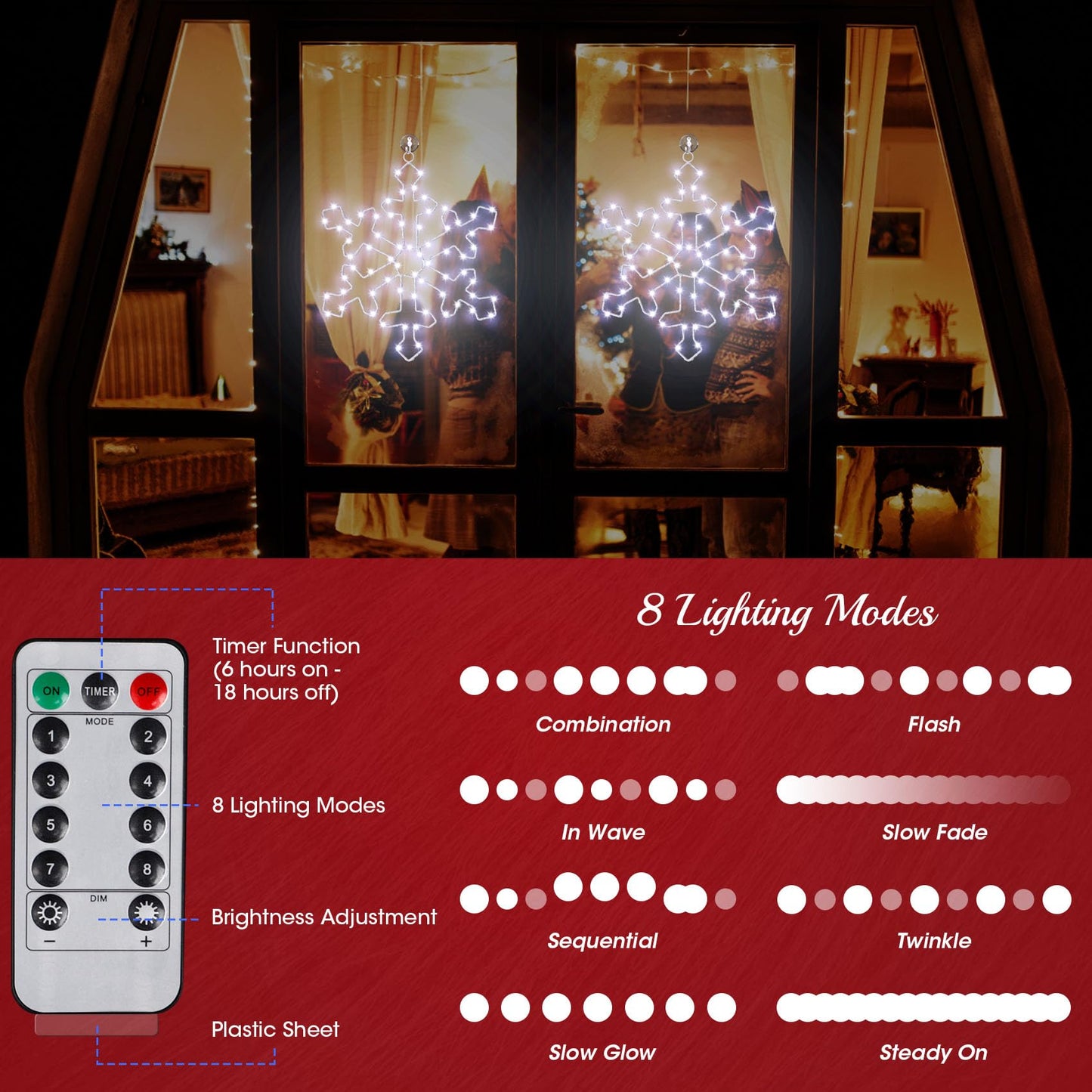 Attmu 2 Pcs Christmas Snowflake Window Lights with 144 LED Cool White, 8 Lighting Modes 12 Inches Snowflake Lights Outdoor Decorations for Home Window Display Furniture Xmas Decor