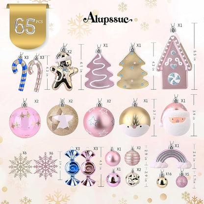 Alupssuc 65pcs Christmas Balls Ornaments Set, Shatterproof Plastic Baubles Gold Gingerbread House, and Tree Topper for Xmas Tree Holiday Wedding Party Decorations with Hanging Strings, Macaron Pink