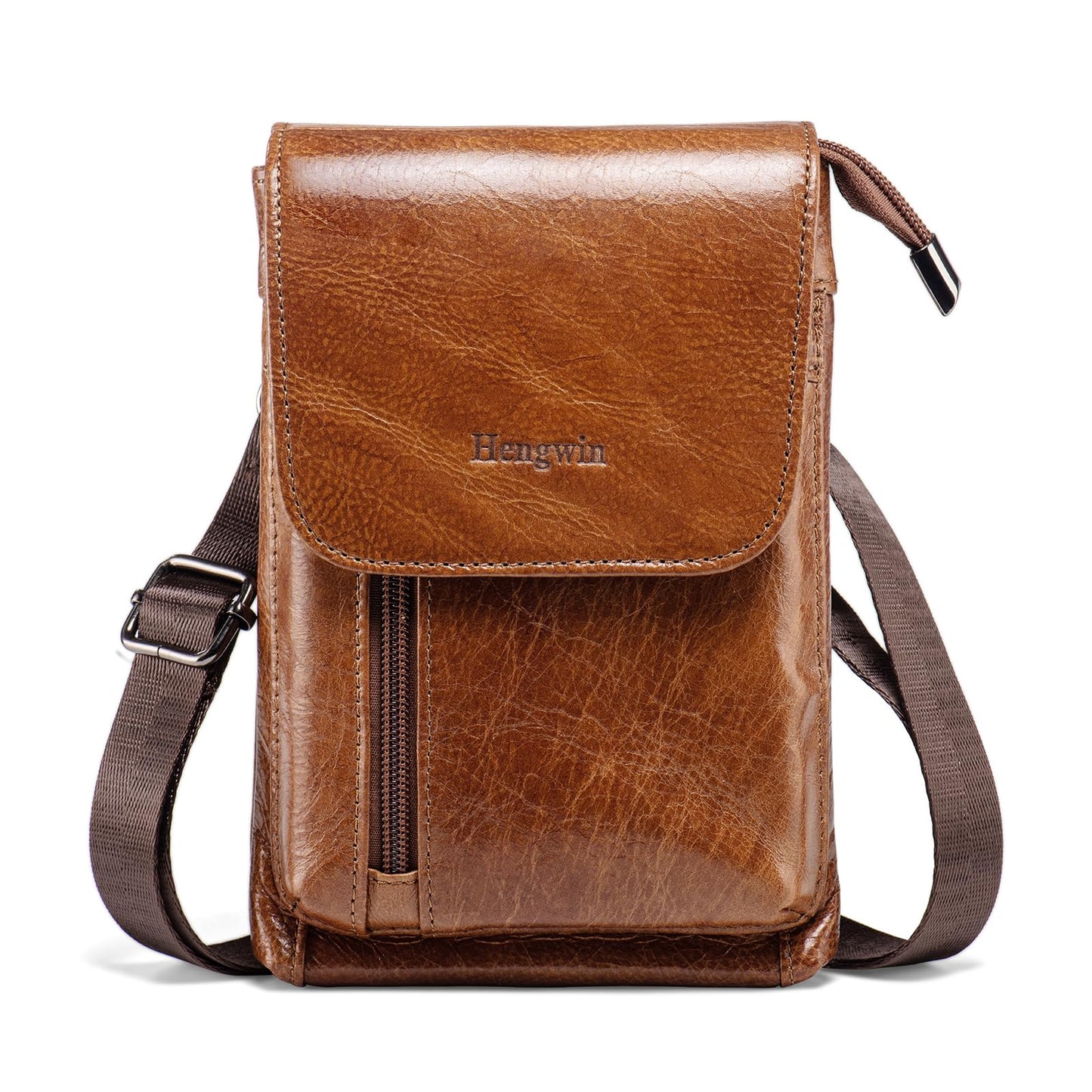 Hengwin Genuine Leather Small Crossbody Bag for Men Women, Cellphone Belt Pouch Bag, Travel Passport Wallet, Shoulder Holster