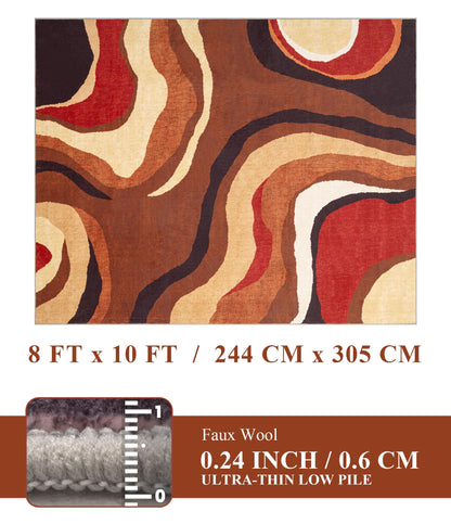 YIHOUSE Burnt Orange Rug 8x10 Washable,Alfombras para Salas,Farmhouse Brown Retro Carpets,Geometric Abstract Wavy Rug for Living Room,Unique Colorful Rugs for Bedroom,Dining Room