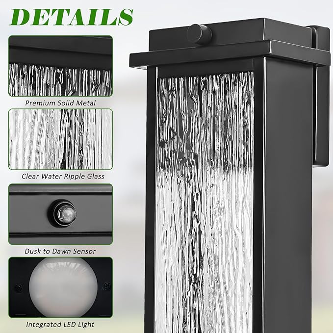 Black LED Dusk to Dawn Outdoor Lighting 2 Packs, 16" Large Outside Farmhouse Wall Lantern, Industrial Porch Wall Mount Light Fixture with Rippled Glass, Waterproof Modern Exterior Sconce Lamp