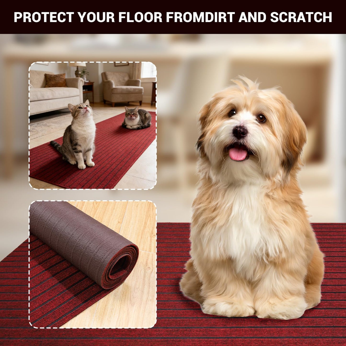 Stripe Runner Rug 3 x 15 ft Indoor Outdoor, Burgundy Non Slip Rubber Backing, Waterproof Low Profile Area Runner for Hallway, Entryway, Kitchen, Patio, Garage, Stairs & Laundry