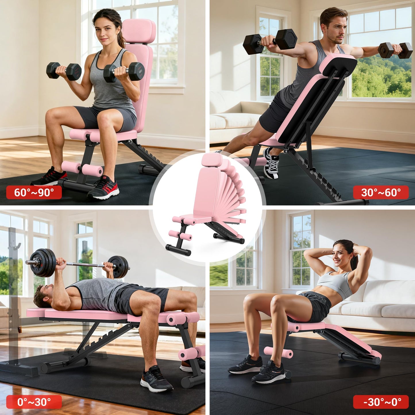 XDDIAS Workout Bench, 10 Backrests Adjustable Weight Bench with Extended Headrest, 800LBS Foldable Weight Bench for Home Gym, Incline Decline Flat Bench Compact for Small Space Training, Pink
