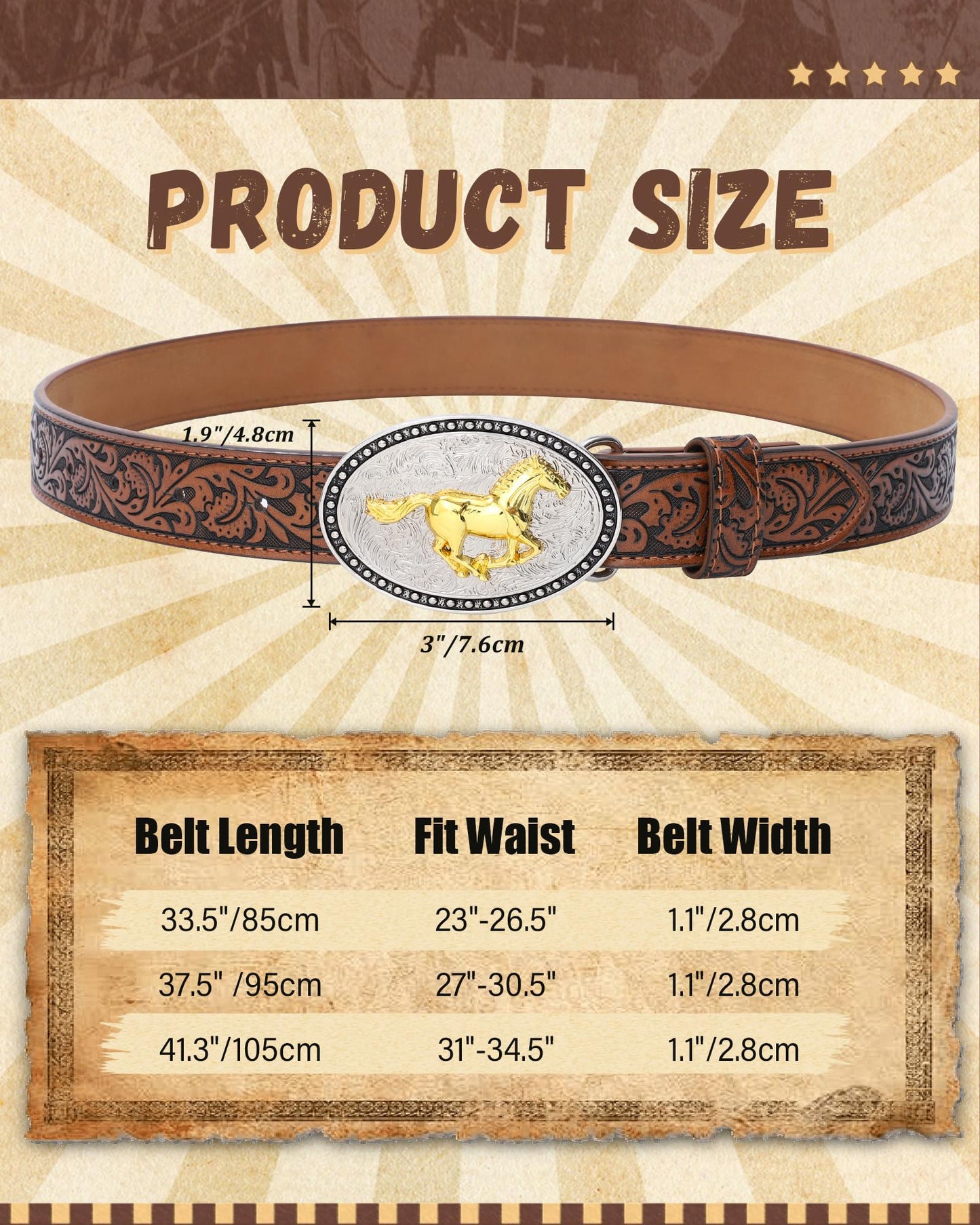 AWAYTR Kids Western Belt with Detachable Buckle - PU Leather, 3 Sizes (23"-34.5"), Adjustable for Daily Wear & Halloween (Horse Buckle-Dark Brown, Fit Waist: 23"-26")