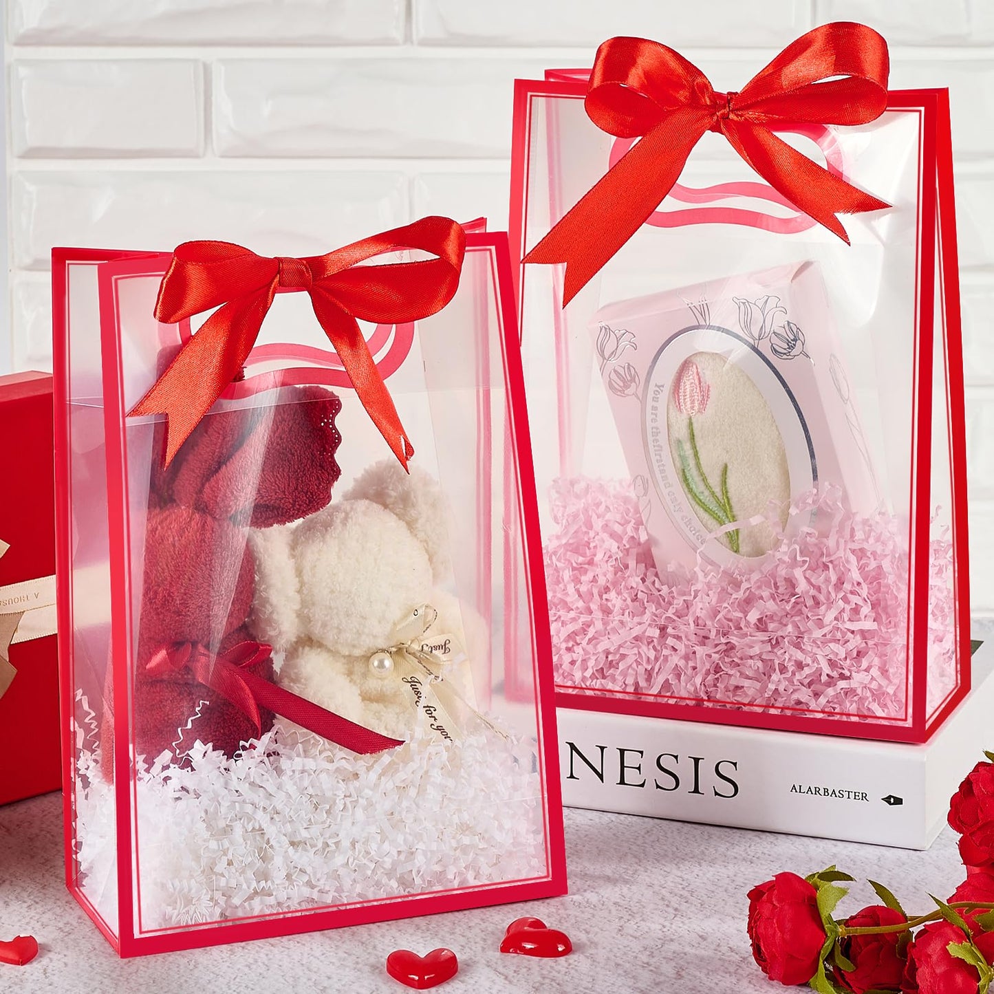 Ohuimrt Clear Plastic Gift Bags with Handles, 12 Pack, Red