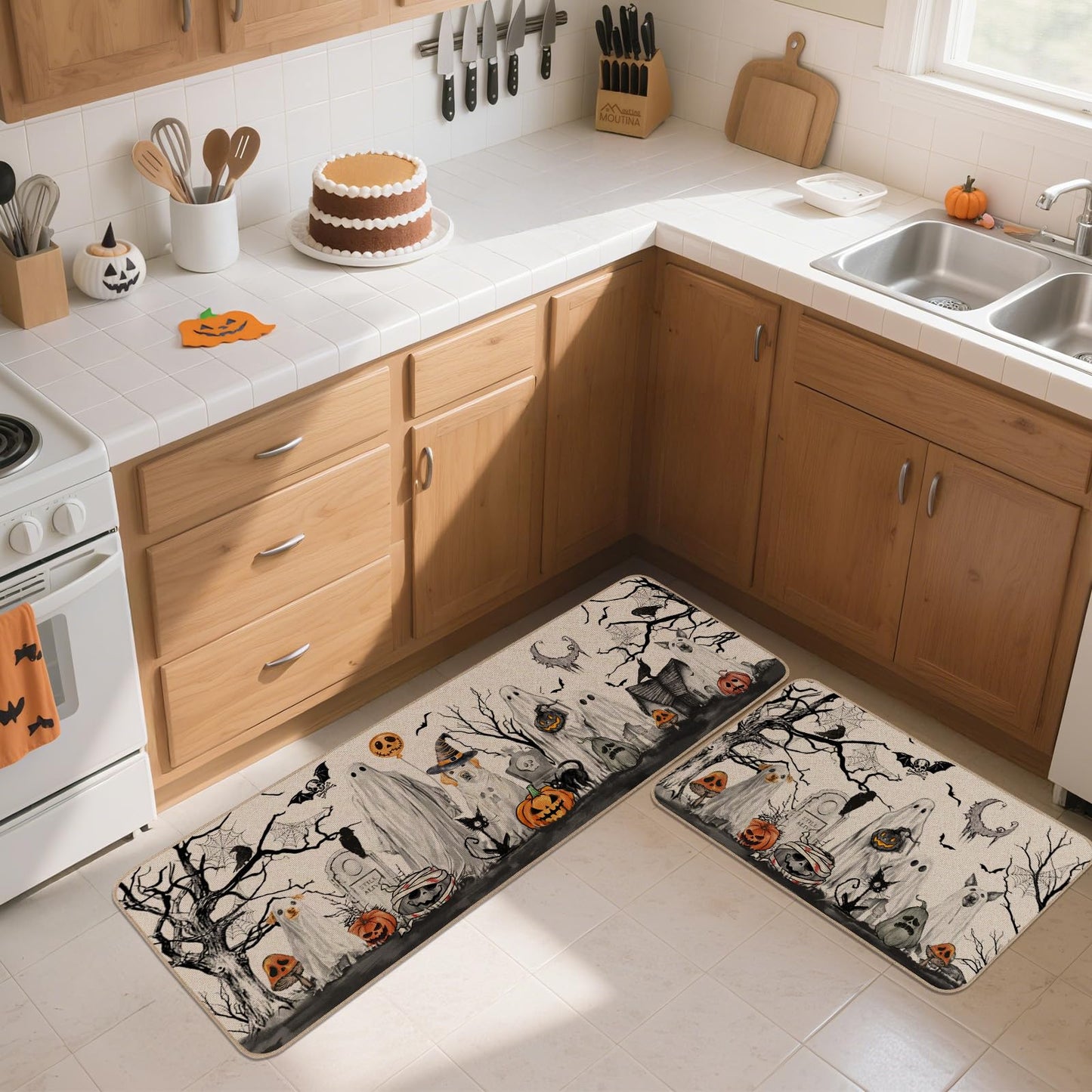 Moutina Halloween Boo Dog Ghost Decorative Kitchen Rugs Set of 2, Halloween Holiday Party Home Decor Low-Profile Kitchen Mats for Floor - 17x29 and 17x47 Inch