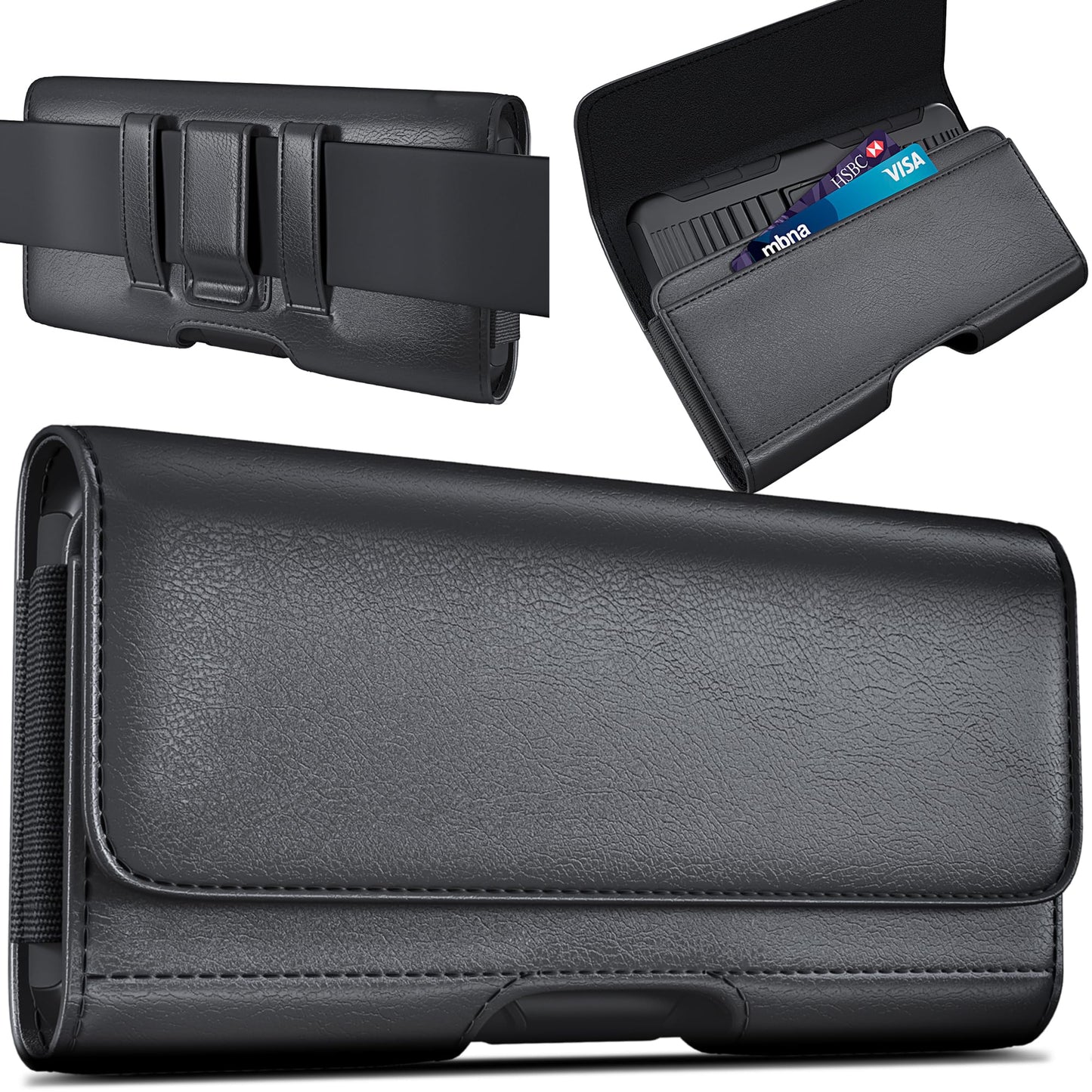 DeBin Cell Phone Case for iPhone Pro Max, Plus Models 16/15/14/13/12/11/Xs Max - Leather Belt Clip Holster with ID/Credit Card Pouch, Magnetic Closure - Black