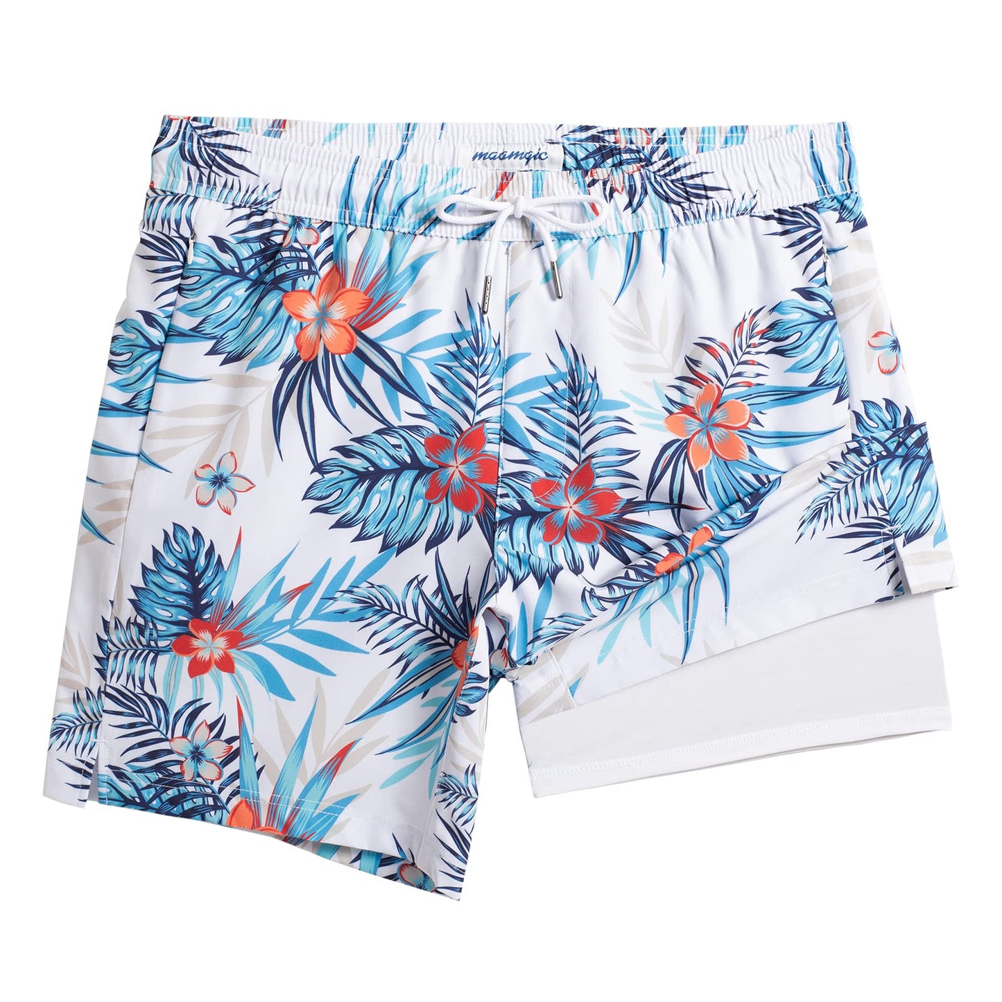 maamgic 2 in 1 Mens Swim Trunks 7 Inch Swim Shorts Swim Suits Board Shorts Floral-White