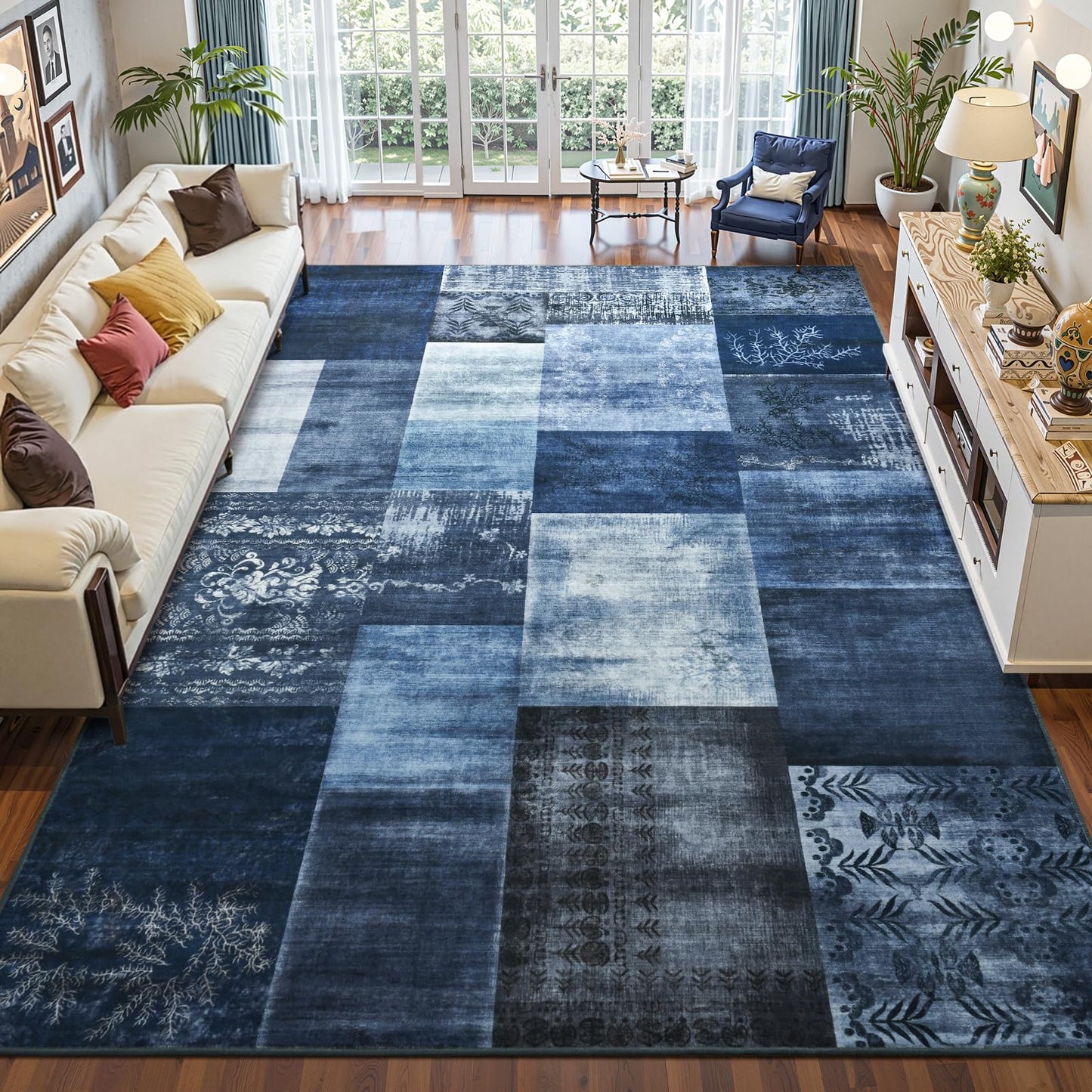 DweIke Washable Area Rugs 6x9 for Living Room, Large Modern Geometric Navy Blue Soft Patchwork Carpet, Non-Slip Stain Resistant Throw Rug for Bedroom Dining Room Office Home Decor
