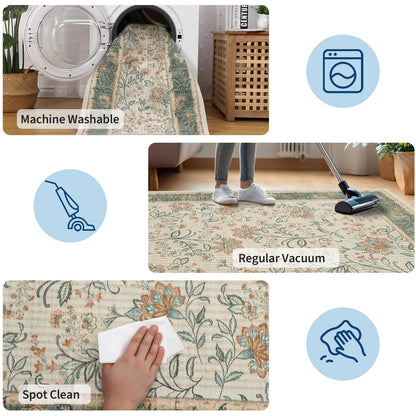 GarveeHome 5x7 Area Rug Sage Green Washable Rugs for Living Room Bedroom, Soft Low Pile Non Slip French Country Floor Mat Botanical Floral Print Throw Rug Indoor Carpet Dining Room Playroom