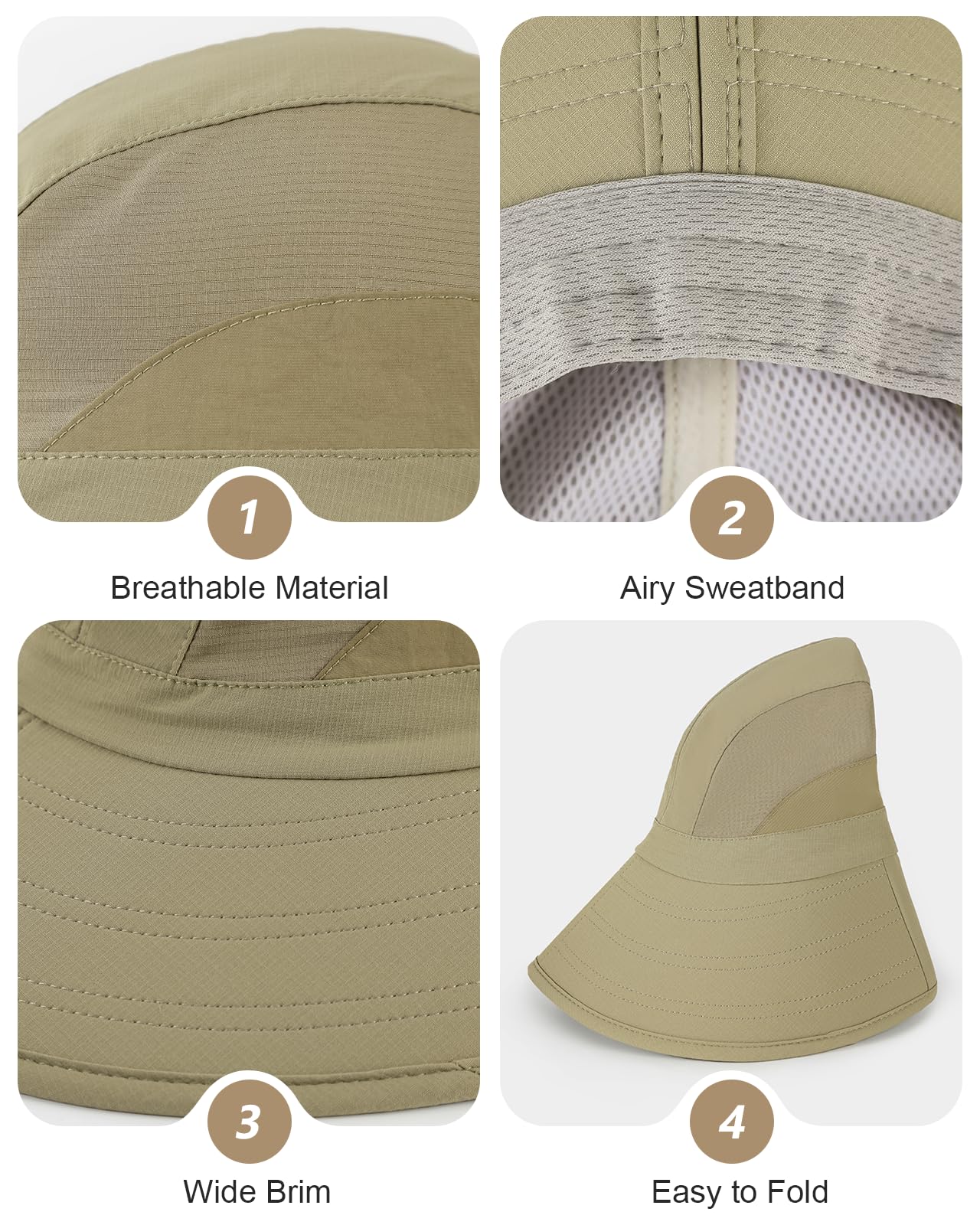 HEARTSING Sun Hat Outdoor with Large-Area Neck Flap, UV Protection Quick-Dry Breathable Fishing Hat for Hiking Garden Khaki