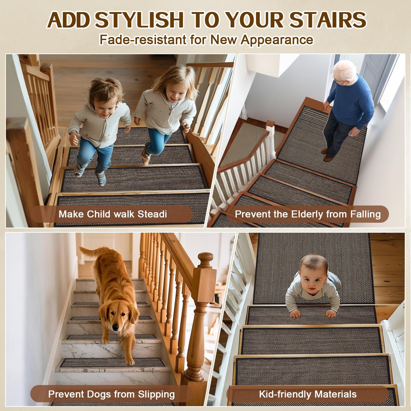 Earcu Non Slip Stair Treads for Wooden Steps, Square Rubber Backing Non Slip Stair Landing Mat, Thicken Linen Carpet Stair Runners Indoor, No Residue Stair Carpet Treads, 29"x29", Black