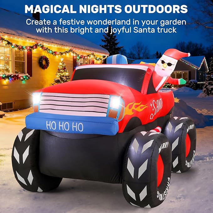 7FT Christmas Inflatables Outdoor, Santa Claus on Monster Truck Blow Up Yard Decor with Built-in LED Lights, Waterproof Xmas Decorations for Garden Lawn Holiday Party