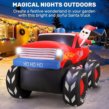7FT Christmas Inflatables Outdoor, Santa Claus on Monster Truck Blow Up Yard Decor with Built-in LED Lights, Waterproof Xmas Decorations for Garden Lawn Holiday Party