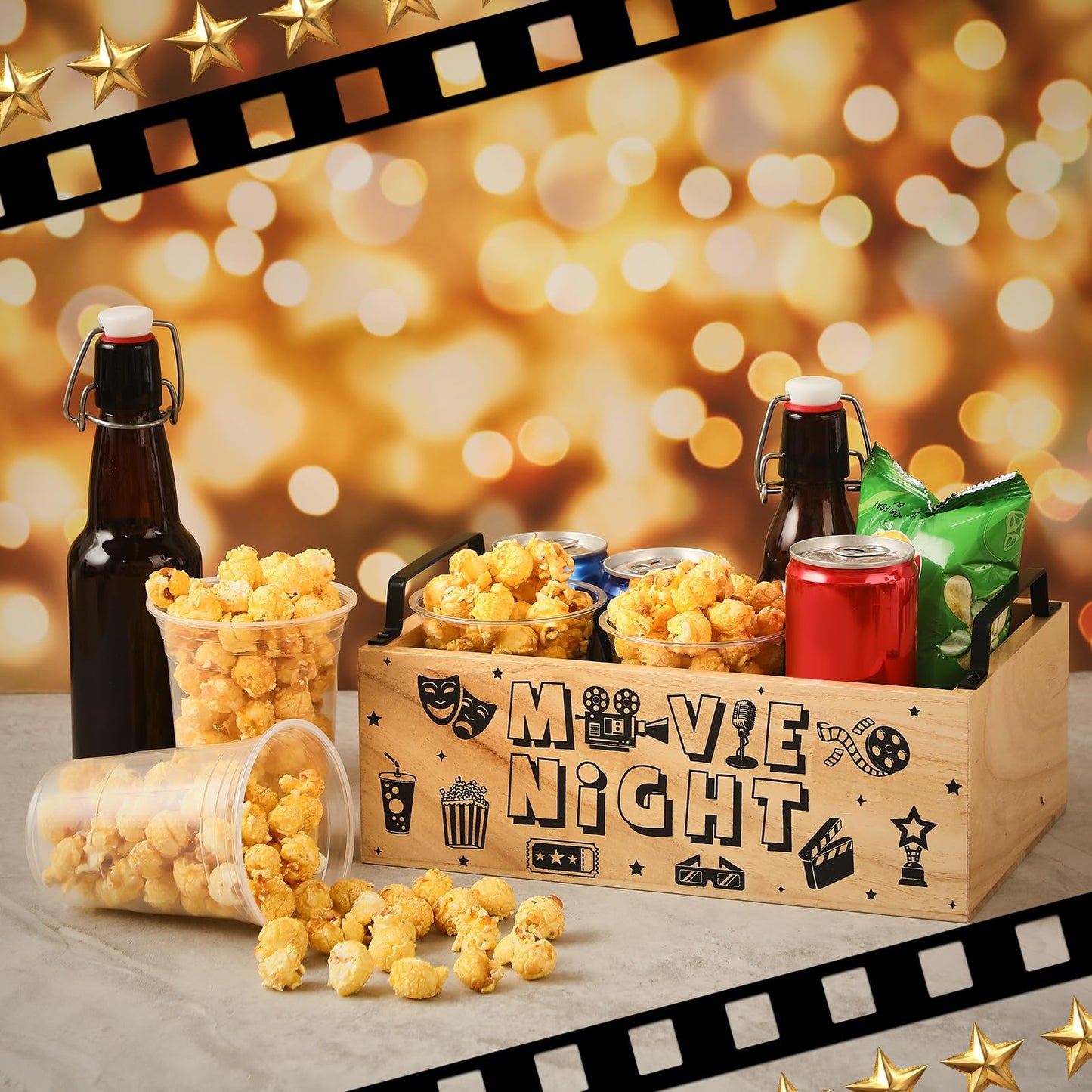 Sliner Movie Night Snack Trays with Handles Reusable Wood Movie Gift Basket Popcorn Bucket Bowl Box Container for Cinema Party Family Theater Christmas Countertop Chips Candy Popcorn Kitchen Supplies