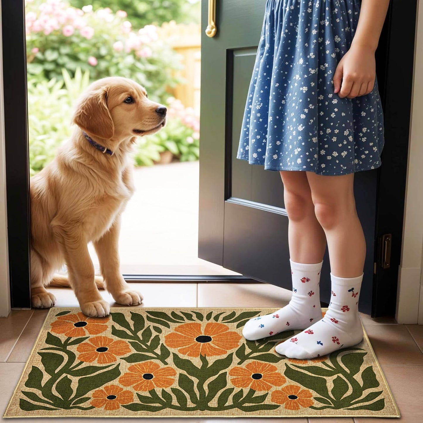 Front Door Mat Home Mats for Outside Enterway Indoor Outdoor Entrance Flower Doormats with Non-Slip Backing Floor Mats for Family Housewarming Gifts Summer Home Rugs for Bedroom Kitchen 16.9"x29.9"