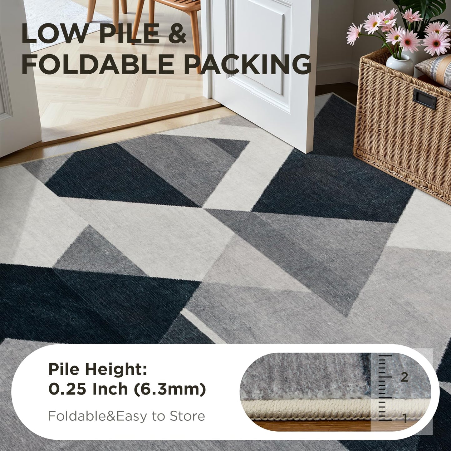 Joydeco 6x9 Washable Modern Rug for Living Room, Non-Slip Geometric Area Rug Low Pile Soft Carpet for Bedroom, Dining Room, Home Office, Pet & Child Friendly, White&Gray&Dark Gray