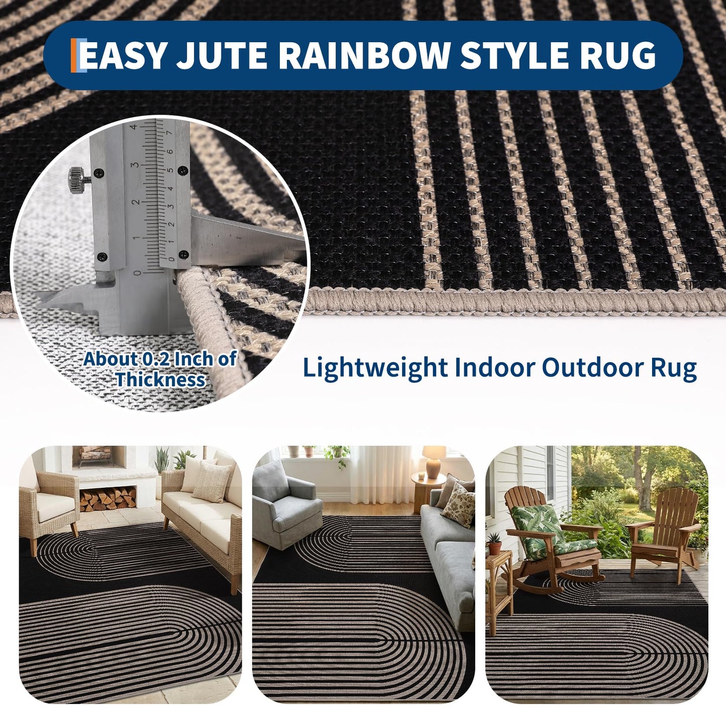 GarveeHome Modern Rainbow Easy Jute 4x6 Area Rug, Indoor Outdoor Reversible Low Pile, Non-Slip & Washable Carpet for Living Room, Bedroom, Kitchen, Sunroom