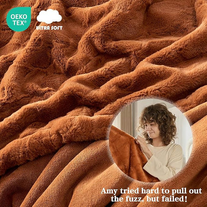 Krifey Burnt Orange Faux Fur Blanket for King Size Bed, 3D Marble Texture Soft Cozy Fuzzy Plush Thick Fall Blanket, Birthday for Women Mom Girlfriend, Camel, 108x90in
