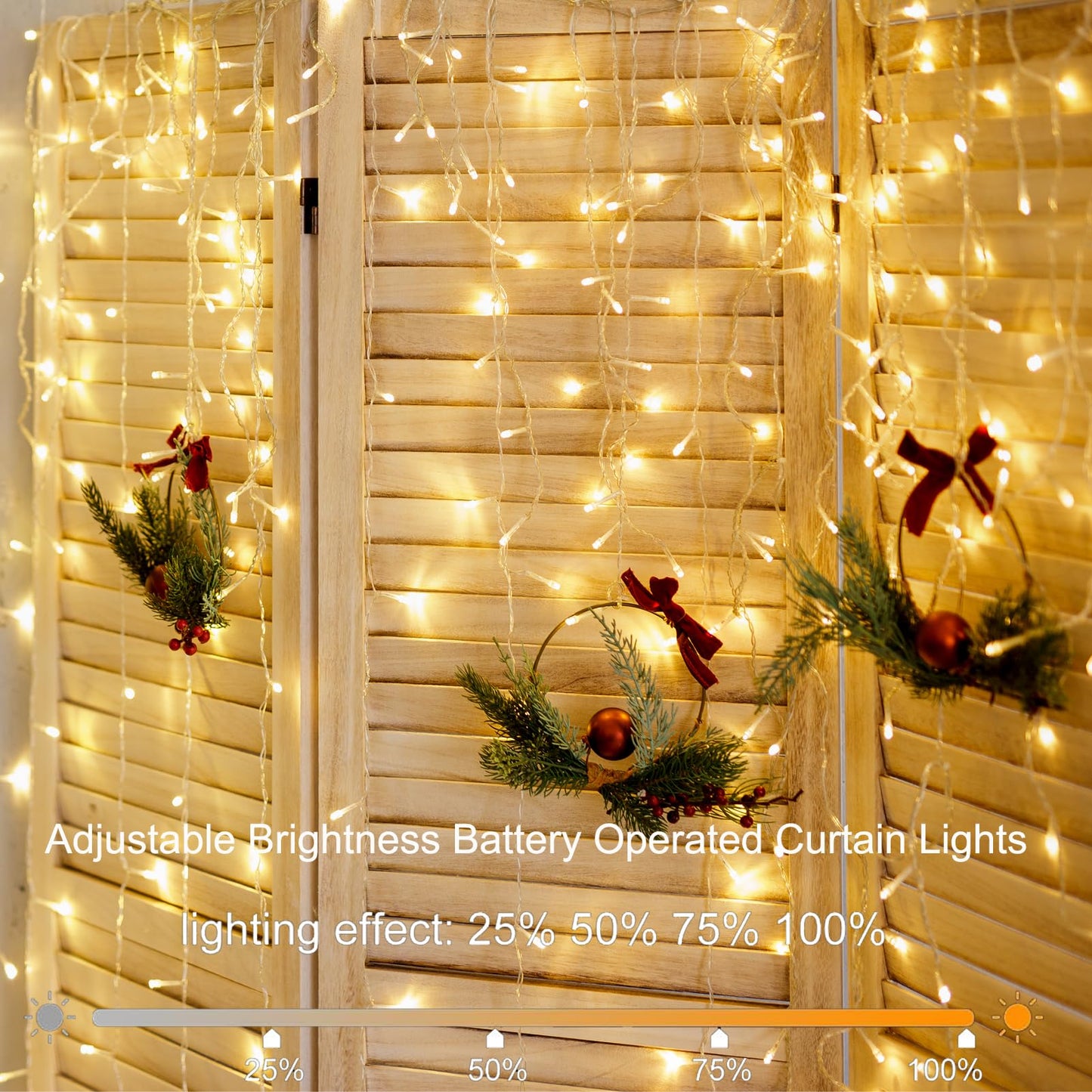 DealBeta Battery Operated Curtain Lights,9.8ft×9.8ft 300 LED Curtain Lights with Remote Timer 8 Modes, Waterproof Hanging Fairy Lights for Outdoor Indoor Wedding Christmas Decor (Warm White)