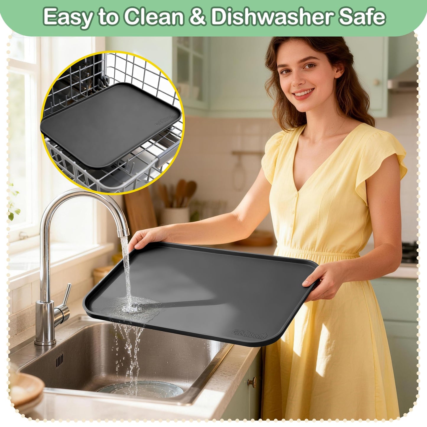 Greatbond 100% Waterproof Silicone Pet Feeding Mat,Warped Resistant Raised Edge BPA-Free Dog Cat Food Mats, Non-Slip Pet Placemat with High Lip to Prevent Spills, Dishwasher Safe, 21.5"x14" Black