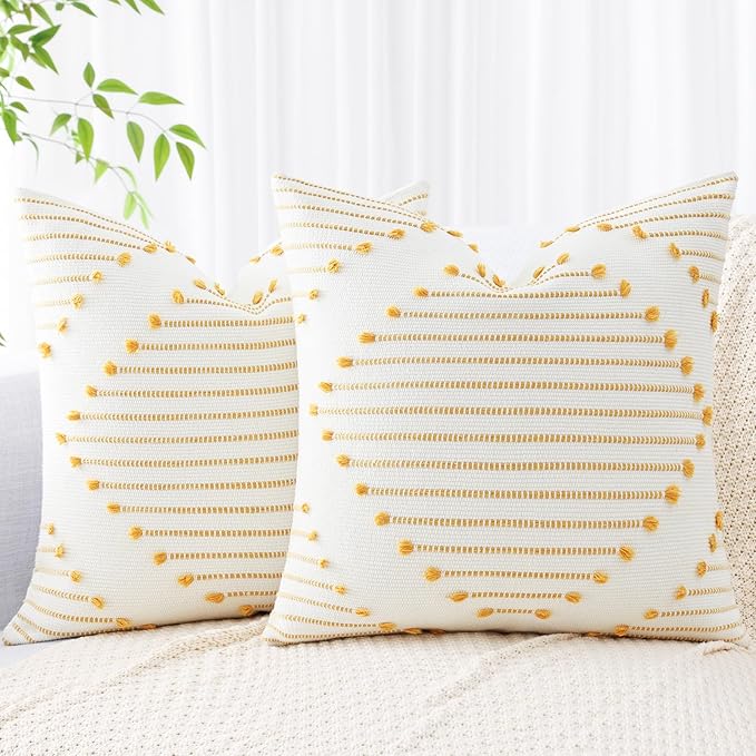 Mecatny Boho Outdoor Throw Pillow Covers 20X20 Set of 2, Farmhouse Decorative Pillow Covers for Couch Sofa Living Room, Yellow & White