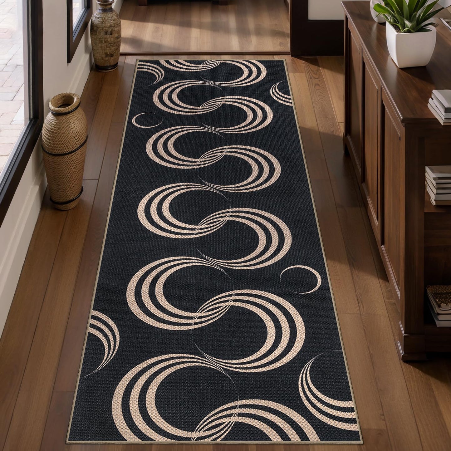 Tangsoo Easy Jute 2x6 Washable Runner Rug for Hallways,Non-Slip Black Outdoor Rug Runner,Modern Farmhouse Thin Carpet Runner for Porch Laundry Bedroom Kitchen Entryway