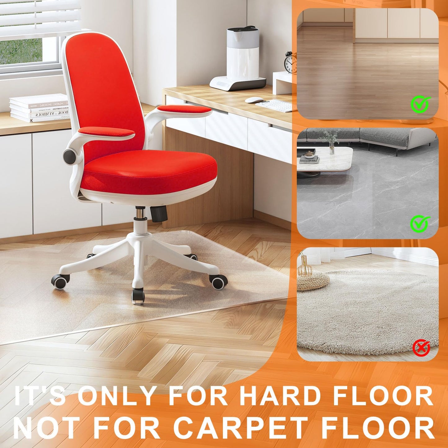Plastic Chair Mat for Hard Floors, Heavy Duty Anti-Slip Clear Mats Wood/Tile Protector for Rolling Chair, Home & Office Use (36" x 48" Rectangle)