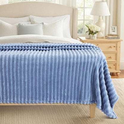 decorUhome Soft Fleece Blue Grey Twin Blanket for Bed, Cozy Fluffy Plush Flannel Striped Throws for Couch Sofa, Lightweight Decorative Ribbed Fuzzy Blanket for Woman, 60x80 Inches