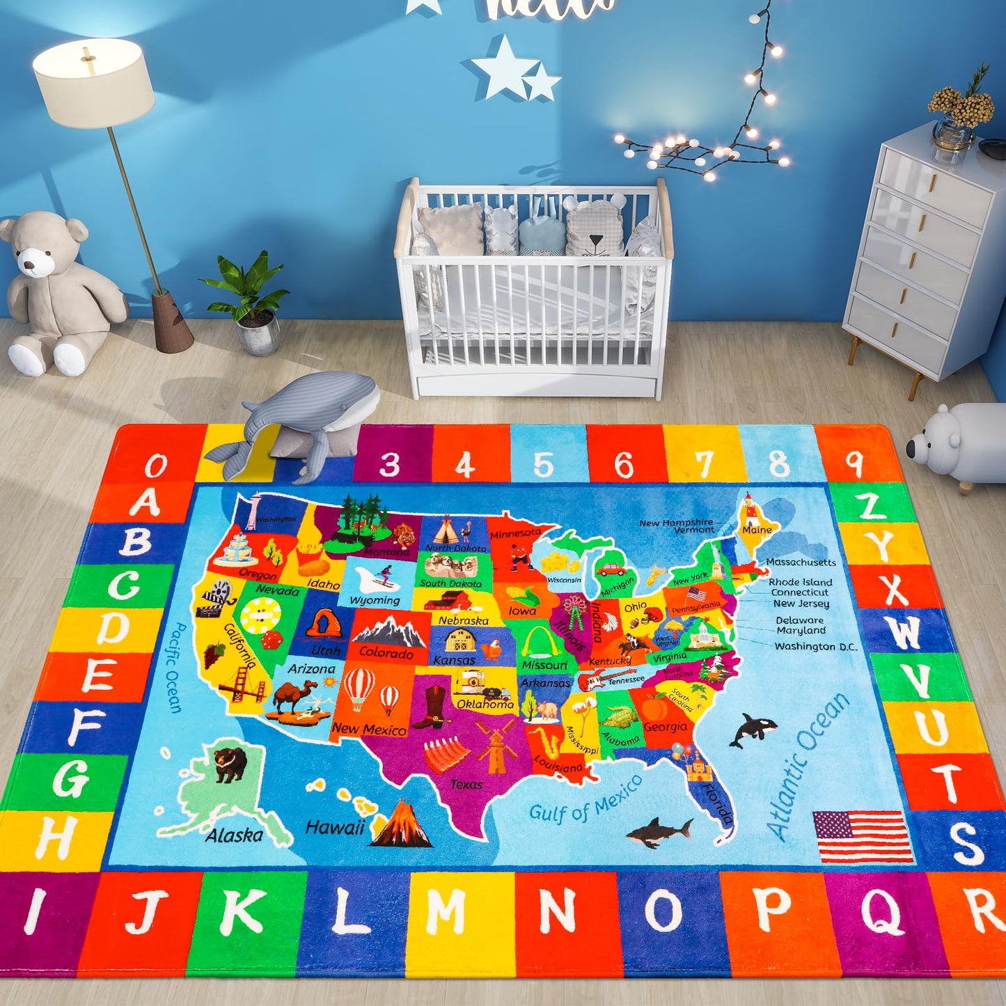 LTKOUGFAM USA Map ABC Kid Rug 39.4" × 63" for Playroom Geography Classroom Rug Educational Kids Playmat Alphabet Mat for Primary School Fluffy Ployester Non-Slip Preschool Carpet for Room