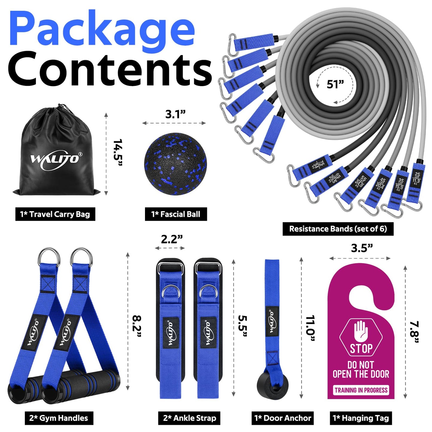 WALITO Resistance Bands Set - Exercise Bands with Handles, Door Anchor, Legs Ankle Straps, for Heavy Resistance Training, Physical Therapy, Muscle Training, Yoga, Home Workouts, Gym