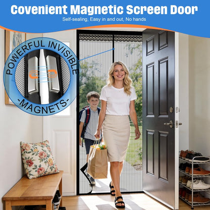 METAONLY Magnetic Screen Door Mesh, Works for Patio, Sliding Door, Keeps Bug Mosquito Out, Fresh Air Flow, Fits 32" x 80" Door - Curtain Size 34" x 82", Black with Lace