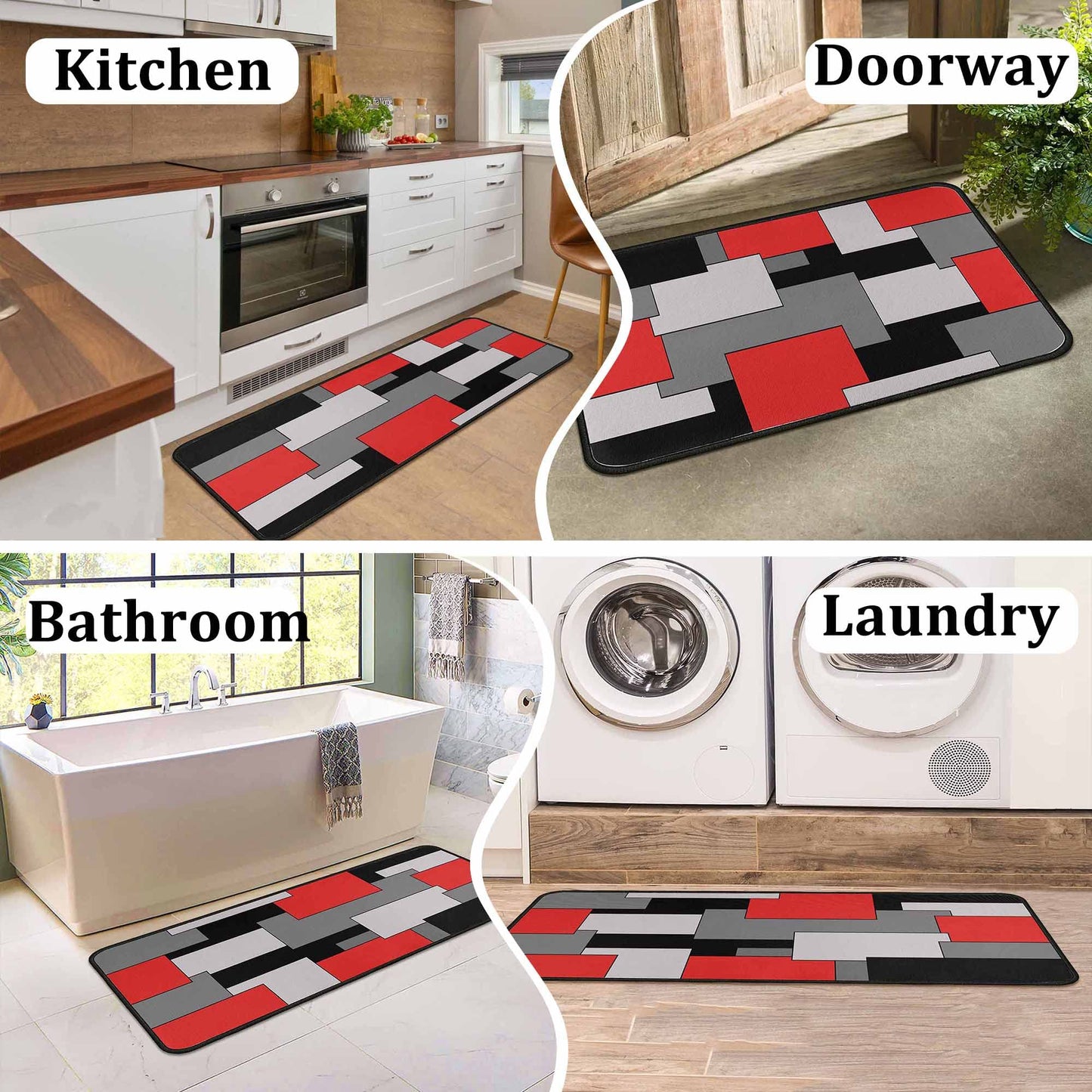 Kitchen Rugs Set of 2- Red, Black, and Grey Modern Geometric Non-Slip Washable Floor Mats - Comfort Sink and Laundry Room Runner - Contemporary Abstract Art Design Decor 17x47.2 and 17x30 inches