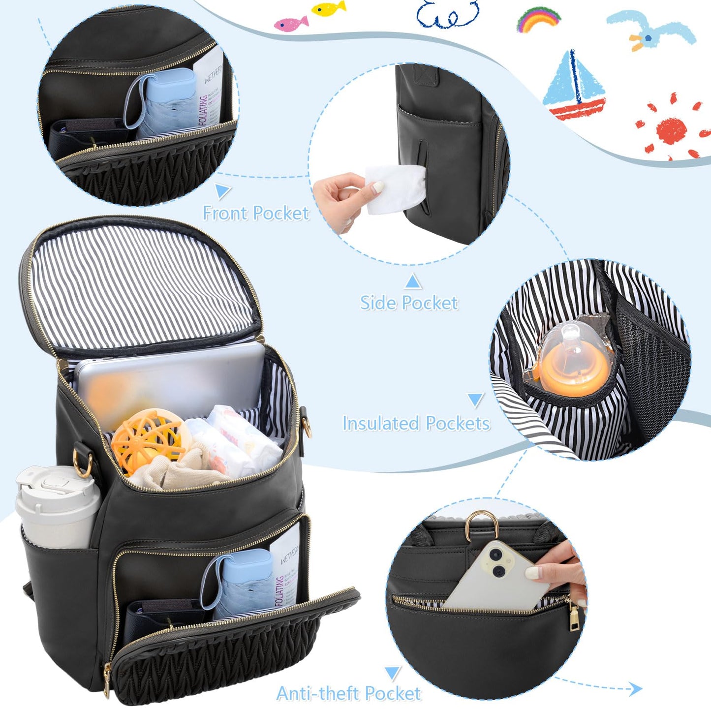 Minsong Diaper Bag Backpack, Fashion Leather Mommy Backpacks, Travel Baby Diaper Bags with in Bag Organizer and Changing Pad (Black-stripes)