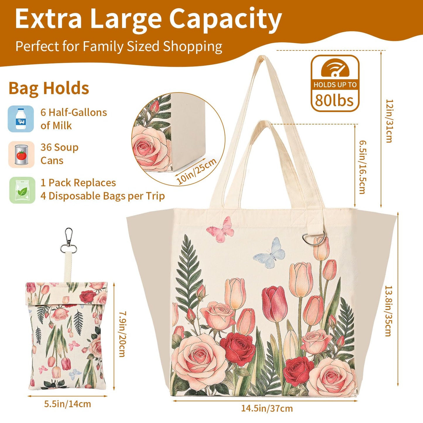 KIDJFGG Large Canvas Grocery Tote Bag, 3 Pack Heavy Duty Cotton Canvas Totes with Removable Bottom Support & Small Storage Pouch, Washable, 2 Handles Reusable Grocery Bags for Shopping, Women's Gift