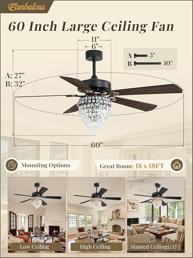 Fanbulous 60 Inch Farmhouse Fandelier Ceiling Fans with Light, Crystal Ceiling Fan Chandelier with 6 Speeds, Quiet Reversible Noiseless DC Motor, 3CCT, Indoor Ceiling Fan for Living Room Bedroom